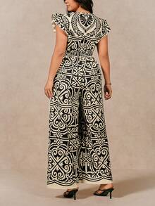 SHEIN LUNE Apricot V-Neck Cap Sleeve Vintage Geometric Pattern Plus Size Jumpsuit - Apricot - View 2