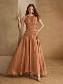 MOTF PREMIUM TEXTURED BODICE SHINY FLARED HEM FITTED ELEGANT WOMEN LONG DRESS - Champagne - View 6