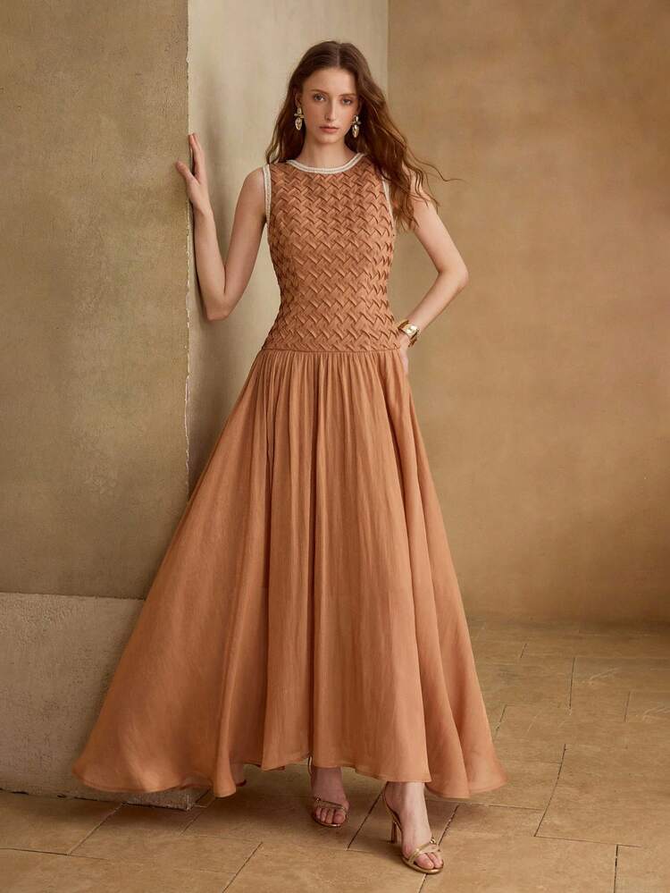 TEXTURED BODICE SHINY FLARED HEM FITTED ELEGANT WOMEN LONG DRESS
