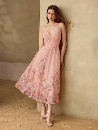 MOTF PREMIUM WOMEN'S ROMANTIC ELEGANT TWIST FLORAL PRINT MID-LENGTH DRESS