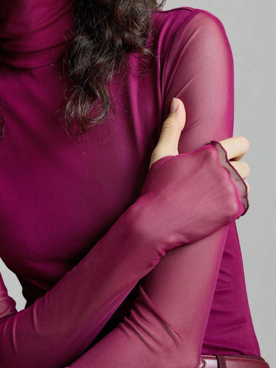 Ontre 女士酒红色高领长袖衬衫，优雅正式，精致都市休闲商务办公着装，低调复古风，高品质面料，百搭叠穿上衣