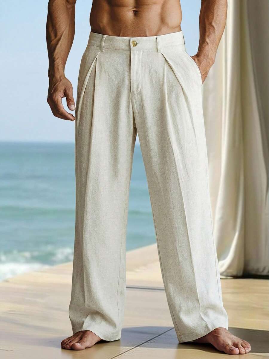 VENTUSAIL 男士亚麻梭织宽松休闲长款褶裥裤，适合春夏秋季穿着