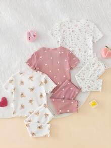 SHEIN Newborn Baby Girl Cute Minimalist Heart Pattern Ruffle Trim Round Neck Short Sleeve Pants Knit Pajama Set, 6pcs - Multicolor - View 2
