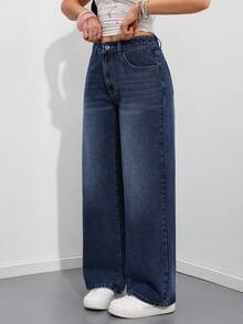 SHEIN PETITE 女款休閒日常水洗斜口袋直筒牛仔褲，小碼女款 - 深色水洗藍 - 查看 3