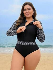 Swim Shayni Plus Size Women Geometric Print Patchwork One-Piece Swimsuit With Long Pants And Cover-Up Set - Multicolor - View 5