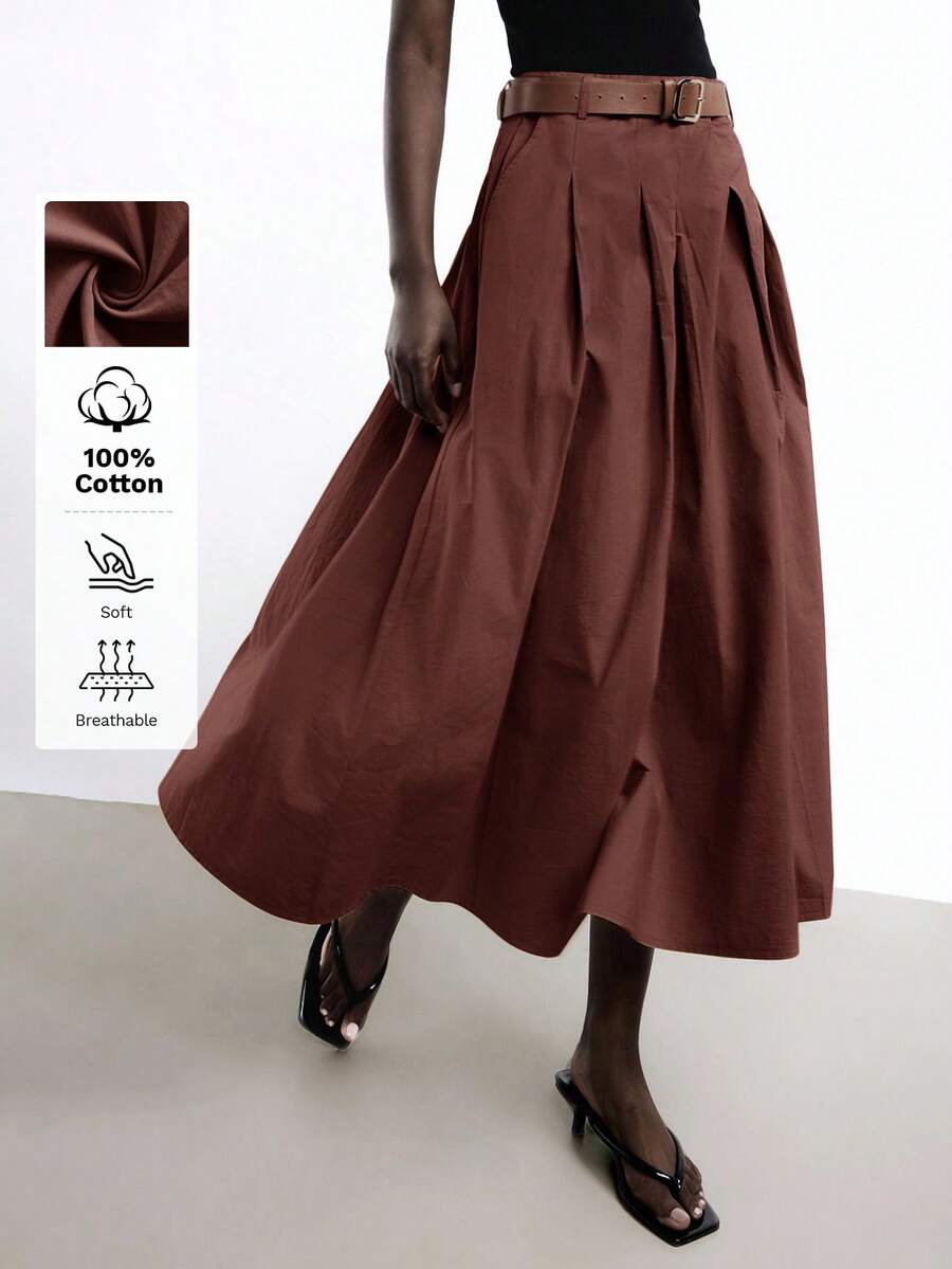 Maija Falda acampanada grande de color rojo madera naranja rojo con intrincado trabajo de plisado, bolsillos laterales, cinturón de piel sintética y metal desmontable, vestido de verano versátil Y2K para oficina, eventos sociales y ocasiones formales - Color caoba - Ver 1