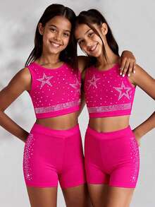2pcs/Set Tween Girls' Round Neck Cropped Tank Top With Rhinestone Decor On Front, And Elastic Waist Rhinestone Decorated Sports Shorts, Stretchy And Soft For Running, Cycling, Workout, Casual Wear - Hot Pink - View 1