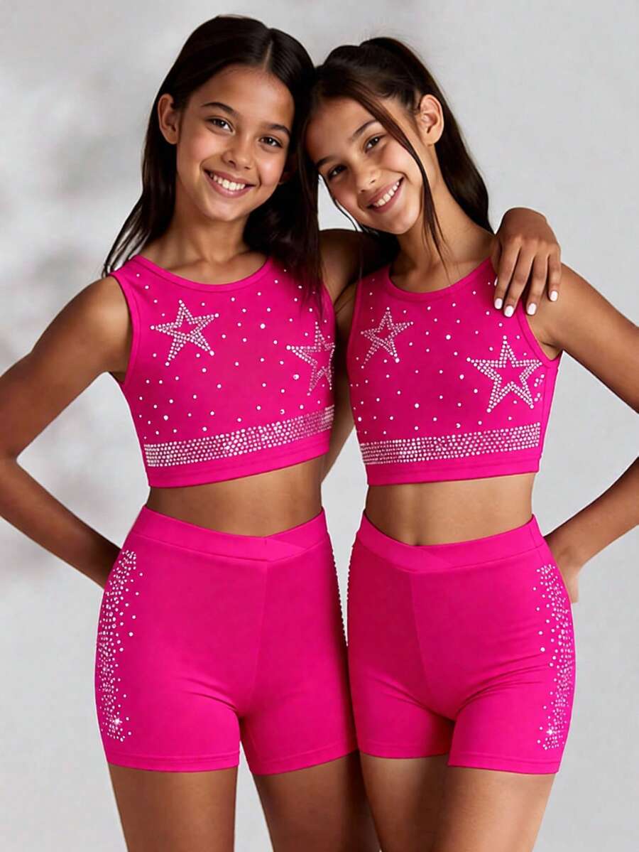 2pcs/Set Tween Girls' Round Neck Cropped Tank Top With Rhinestone Decor On Front, And Elastic Waist Rhinestone Decorated Sports Shorts, Stretchy And Soft For Running, Cycling, Workout, Casual Wear - Hot Pink - View 1