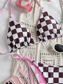Swim Mod Bộ bikini nữ kẻ caro hai mặt có dây buộc cổ - Nhiều màu - Xem 5