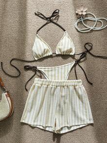 Swim Vcay 3pcs/Set Bohemian Style Crochet Fabric Drawstring Swimwear Cover Up Bikini Set - Light Yellow - View 3