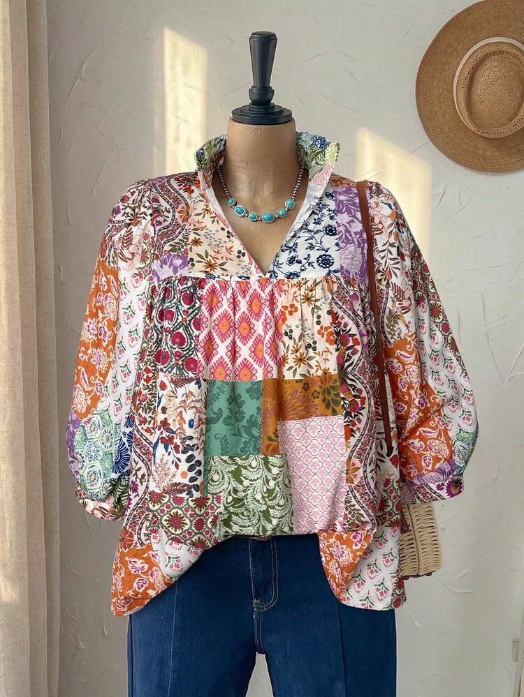 Plus Size Casual Patchwork Print Shirt