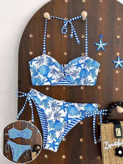 Swim Vcay Women's Casual Beach Party Shell Print Bikini Set With Detachable Straps, Suitable For Wedding, Outdoor, Summer, Blue