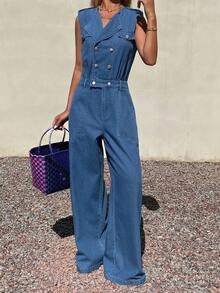 Livesso Bộ áo liền quần denim không tay dáng casual dành cho nữ - Màu xanh lam - Xem 3
