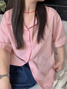 Dazy Plus Áo sơ mi đen dáng rộng, tay ngắn, kẻ sọc, kiểu dáng thường ngày. - Hồng - Xem 5