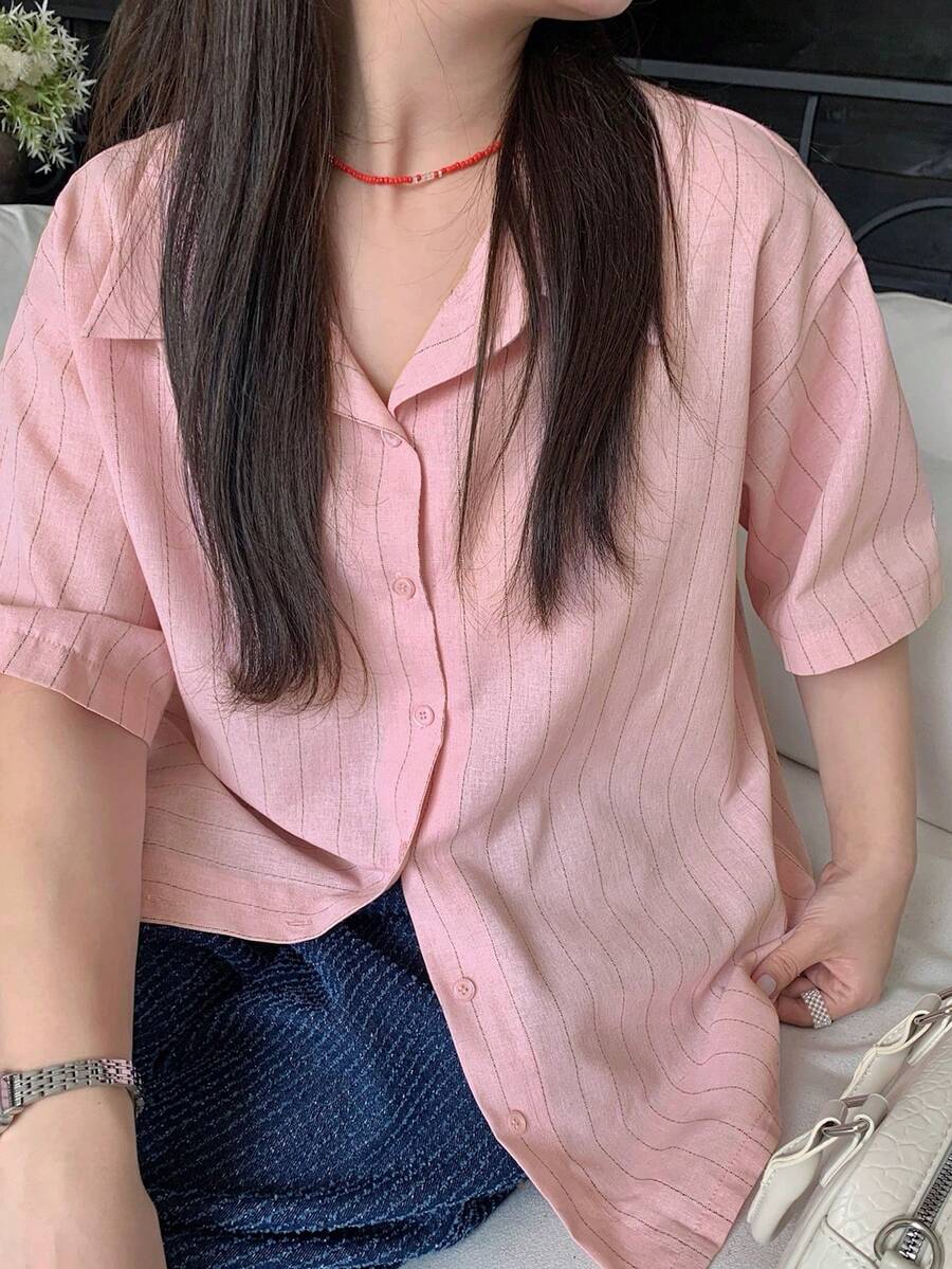 Dazy Plus Striped Loose Fit Short Sleeve Black Casual Shirt - Pink - View 1