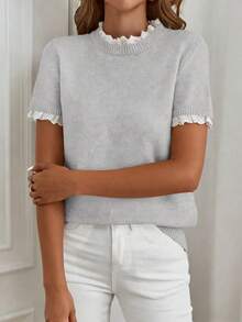 Áo len tay ngắn cổ tròn màu mơ thanh lịch, viền ren, thích hợp mặc đi làm, ở nhà và mặc hàng ngày, mùa xuân/hè. - Xám - Xem 1