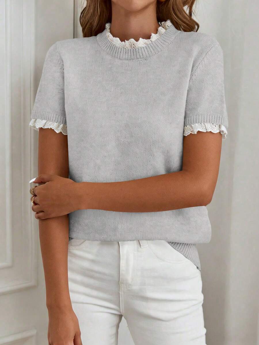 Áo len tay ngắn cổ tròn màu mơ thanh lịch, viền ren, thích hợp mặc đi làm, ở nhà và mặc hàng ngày, mùa xuân/hè. - Xám - Xem 1