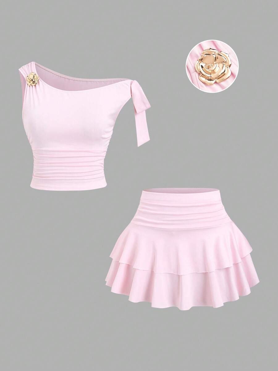 Sweetra Large Size Women's Blush Pink Summer Elegant Formal Wedding Guest Set,Antique Bronze Metal Floral Sloping Shoulder Camisole & Pleated Layered Skirt - Pink - View 1