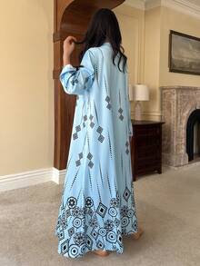 DAZY Geometric Pattern Allover Print Satin & Lace Patchwork Loose Robe For Women Pajamas - Blue - View 2