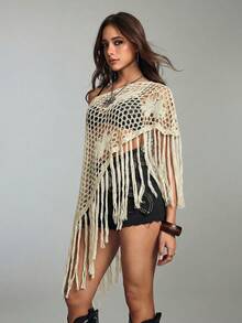 ROMWE Áo khoác ngoài nữ phong cách retro, hippie, móc len đính cườm, tua rua, thích hợp cho lễ hội âm nhạc. - Màu be - Xem 3