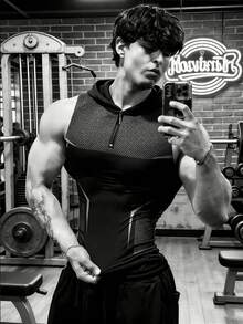 GymBeat Men's Zip-Up Half Placket Hooded Sports T-Shirt - Black - View 3