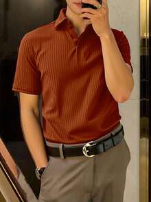 JOLTRO Camisa polo de manga corta a rayas casual y versátil para hombres, adecuada para ir al trabajo, uso diario y actividades al aire libre - Naranja - Ver 3