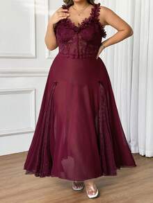 SHEIN CURVE+ 大码女式立体花卉纯色连衣裙，度假连衣裙，性感酒红色长裙 - 酒紅色 - 查看 5