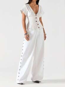 LYSMO 2026新款极简主义深V领纽扣衬衫，修身腰部设计，休闲正式两相宜，优雅夏季上衣，白色 - 白色 - 查看 6