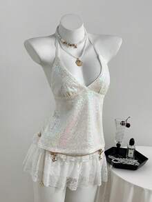 Elamini Áo croptop hai dây hở lưng cổ chữ V đính sequin gợi cảm, ngọt ngào và quyến rũ cho mùa hè. - Hồng - Xem 3