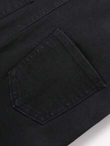 SHEIN 青少年男孩时尚返校街头风混搭百搭设计 Y2K 复古酷炫街头基础款简约舒适字母涂鸦图案黑色修身抽绳弹力牛仔短裤，适合儿童日常穿着，也适合春夏派对、节日和街头服饰。 - 黑色 - 查看 7
