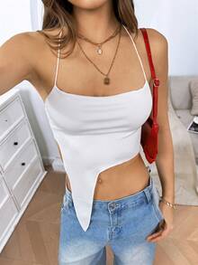 INAWLY Solid Color Asymmetric Hem Halter Neck Camisole - White - View 4