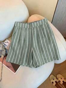 INAWLY Bộ đồ nữ thường ngày phong cách đi nghỉ mát và đi làm, gồm áo không tay dáng rộng in sọc và quần short xếp ly, thích hợp cho mùa hè. - xanh quân đội - Xem 5