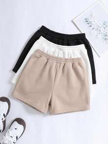 SHEIN 3 pares de pantalones cortos de punto de unicolor casuales para niñas preadolescentes - Albaricoque - Ver 2