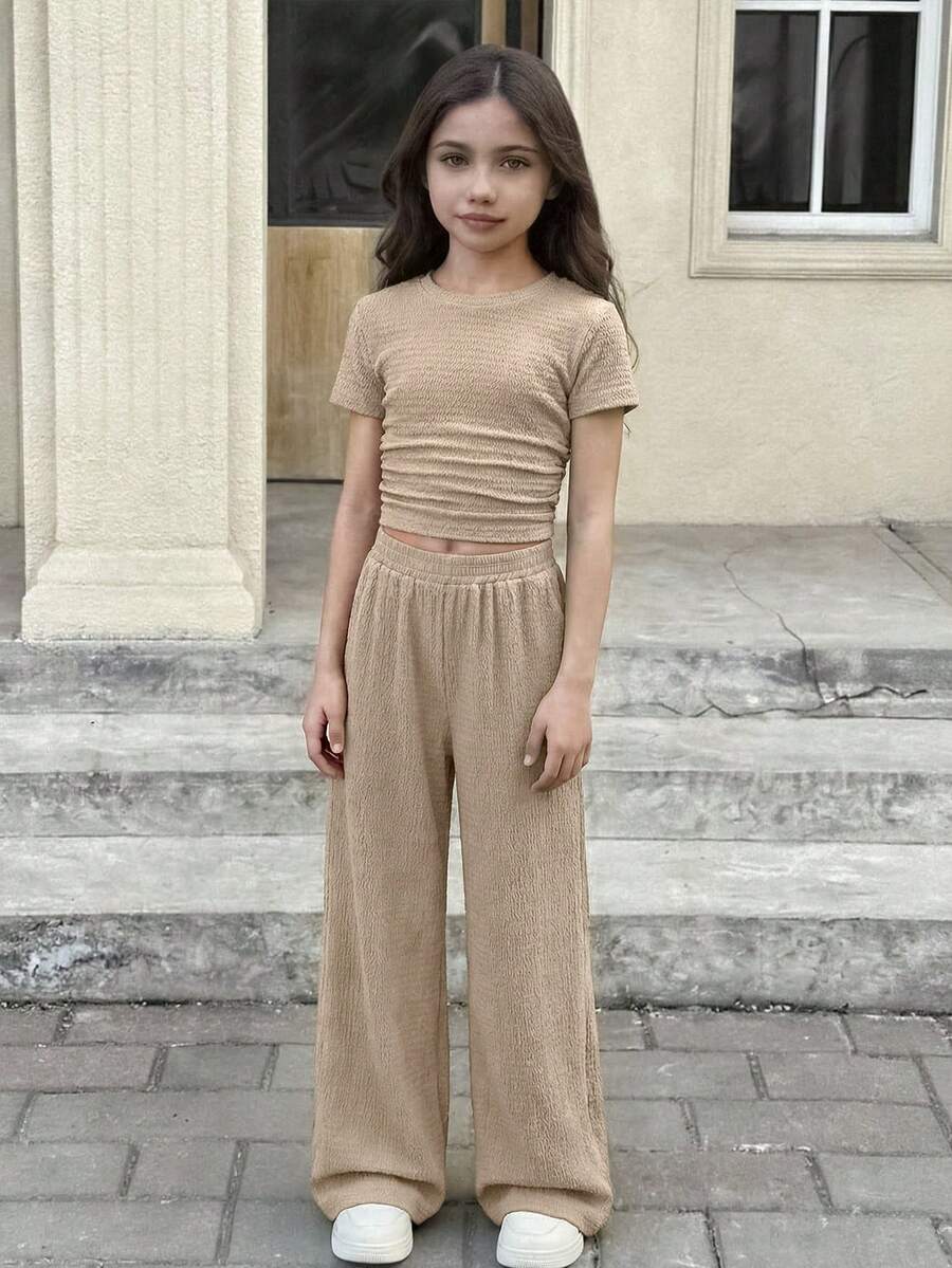 SHEIN 少女纯棕色纹理针织侧褶短袖修身T恤和阔腿裤休闲两件套 - 卡其色 - 查看 1