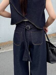 FRIFUL Bộ vest nữ một hàng cúc có túi và quần jeans ống rộng, kiểu dáng thường ngày. - Màu xanh lam - Xem 2