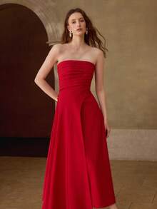 MOTF PREMIUM VESTIDO ELEGANTE CON PLIEGUES PLEGADOS SIN TIRANTES - Rojo - Ver 4