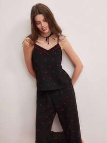 樱桃印花吊带背心和裤子女士夏季睡衣睡衣套装 - 黑色 - 查看 5