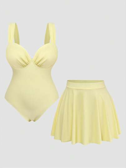 Sweetra Bộ đồ bơi liền thân cơ bản, ngọt ngào, màu trơn, có bèo nhún dành cho nữ năm 2026, kèm áo khoác ngoài và váy, lựa chọn thời trang cho kỳ nghỉ, cỡ lớn.