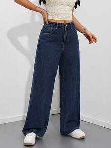 SHEIN PETITE 女款口袋鈕扣休閒百搭日常穿著寬腿牛仔褲，適合嬌小女性 - 深色水洗藍 - 查看 5