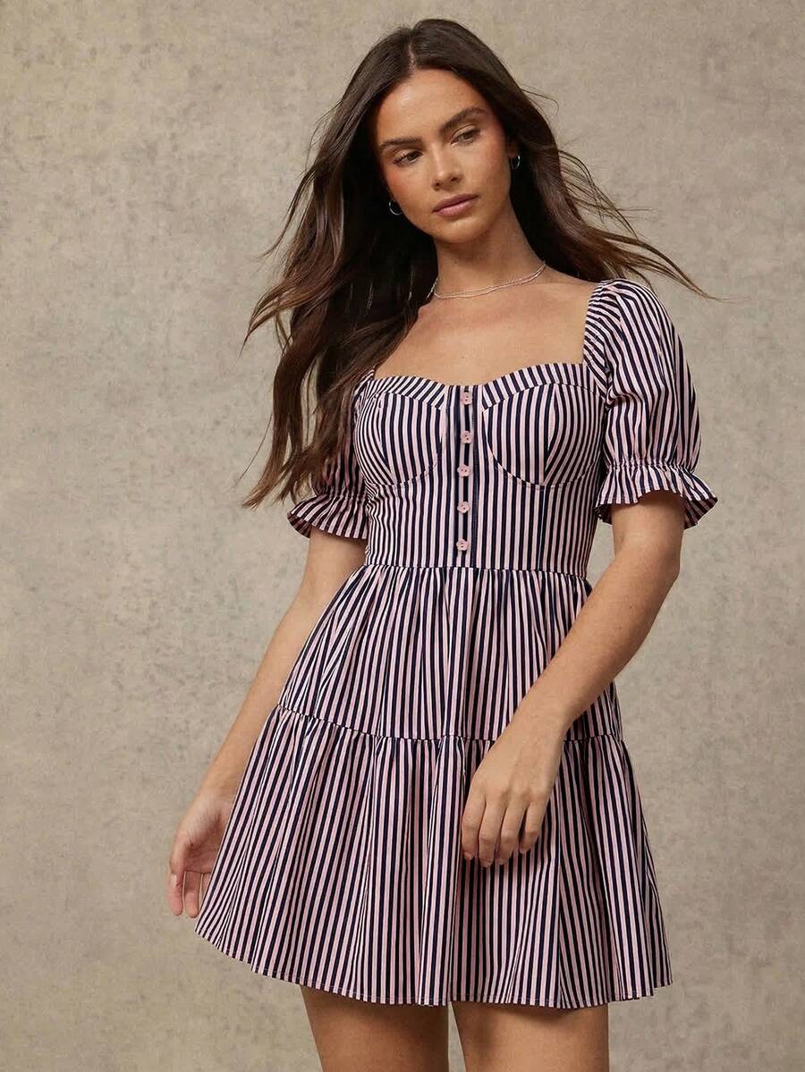WESTFADE Vestido mini a rayas con botones delanteros - Morado - Ver 1