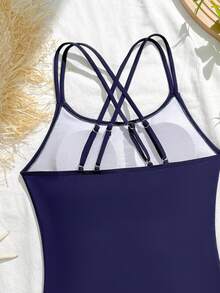 SHEIN Áo tắm liền thân cho bé gái tuổi teen, màu xanh navy, lưng chéo, dây đeo vai mảnh có thể điều chỉnh, cạp cao ôm sát, kiểu dáng tối giản, màu trơn, thích hợp cho kỳ nghỉ hè. - Màu xanh hải quân - Xem 4