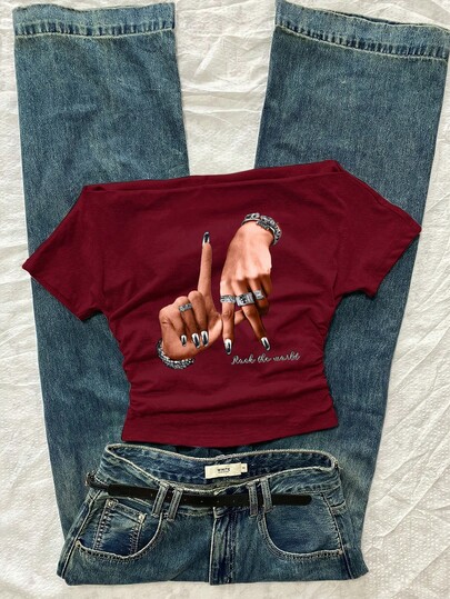 Attitoon Casual Minimalist Burgundy Street Chic Retro Punk Y2K Versatile Party Airport Outfit, Black & White Finger Ring With English Print, Women's Off Shoulder Ruched Tight Short Sleeve T-Shirt, Comfortable For Summer