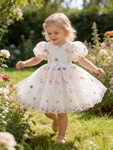 SHEIN Glamorique Kids 四季皆宜的女婴杏色薄纱泡泡裙连衣裙，饰有刺绣花朵，优雅公主生日派对礼服 - 香檳色 - 查看 8