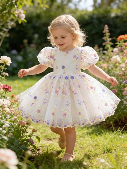 SHEIN Glamorique Kids 四季皆宜的女婴杏色薄纱泡泡裙连衣裙，饰有刺绣花朵，优雅公主生日派对礼服