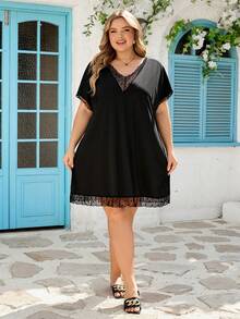 SHEIN CURVE+ 大码女式网纱拼接黑色连衣裙，宽松黑色连衣裙，情人节连衣裙 - 黑色 - 查看 7