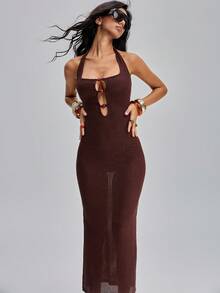 TypaGal Vestido de mujer con escote halter y espalda descubierta para vacaciones en la playa - Marrón - Ver 6