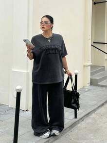 Muchica 2pcs/Set Plus Size Women Embroidered Round Neck Short Sleeve T-Shirt And Casual Loose Leg Pants, Daily Wear - Black - View 3