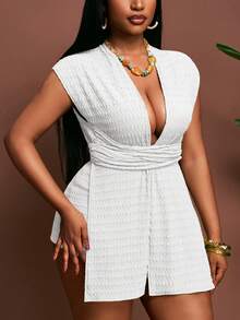 Slaydiva Women's White Summer Beach Two Pieces Set,Y2K Style Crop Top & Tight Shorts,Vacation Holiday Texture Fabric Waist Strap Design Suit - White - View 13