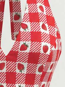 Sweetra Bộ jumpsuit không tay ôm sát màu đỏ kẻ caro dâu tây, cổ chữ V, thắt dây. - Đỏ - Xem 6