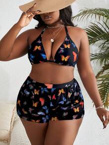 Slaydiva 2025 Plus Size Women's Vacation Butterfly Print Halter Tie Sexy Bikini 3-Piece Set With Shorts Summer - Multicolor - View 4